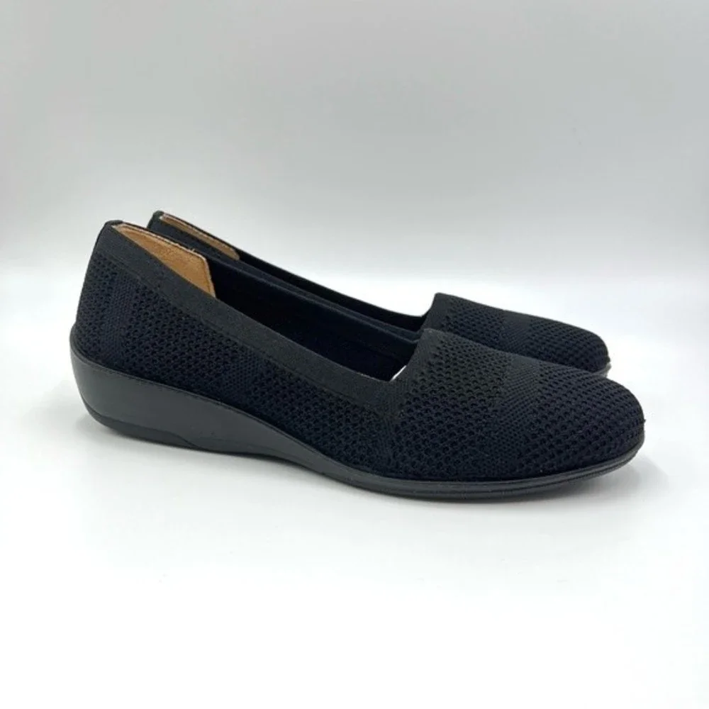 NEW LifeStride Womens‎ Size 6.5 Immy Black Knit Slip On Low Wedges Loafers Shoes